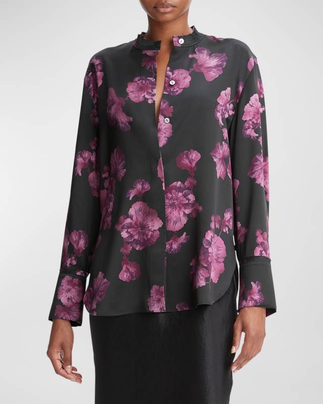 Silk Begonia-Print Band-Collar Blous